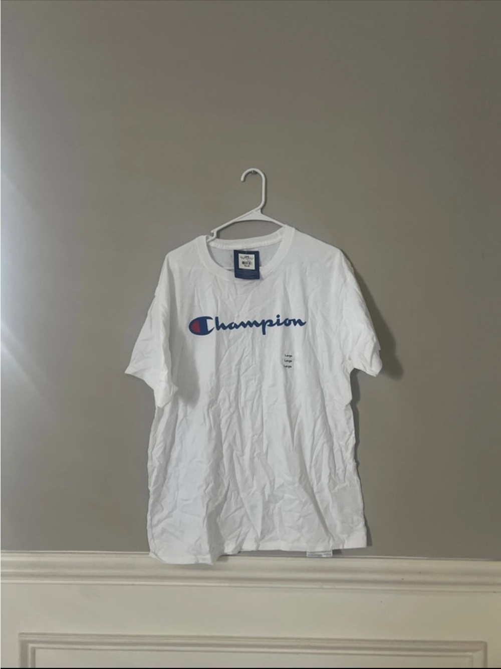 Champion White Tee with Blue and Red Logo